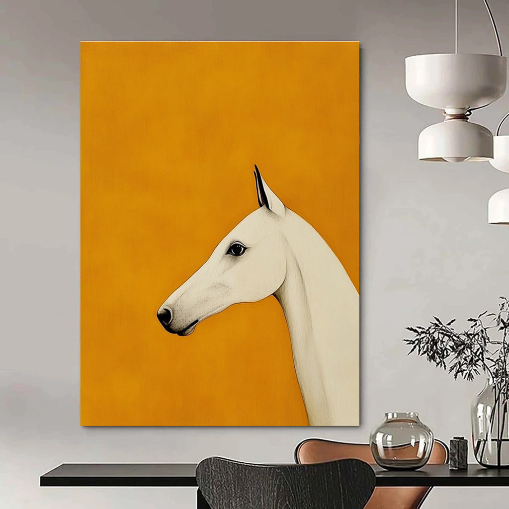 A large abstract painting featuring a minimalist Arabian greyhound design with a white horse's head on an orange background.STSC1063