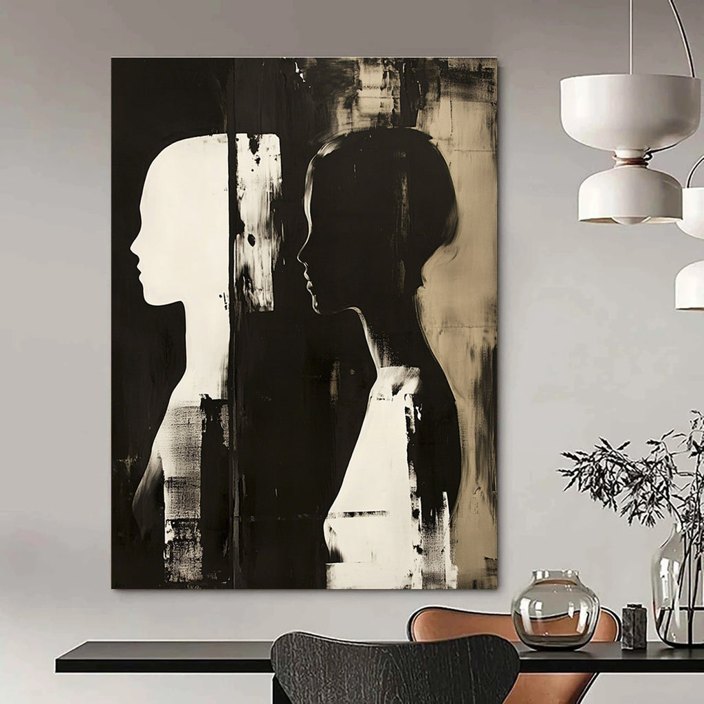 Large abstract painting featuring two profile figures in contrasting tones against a dark monochrome background.STSC1448