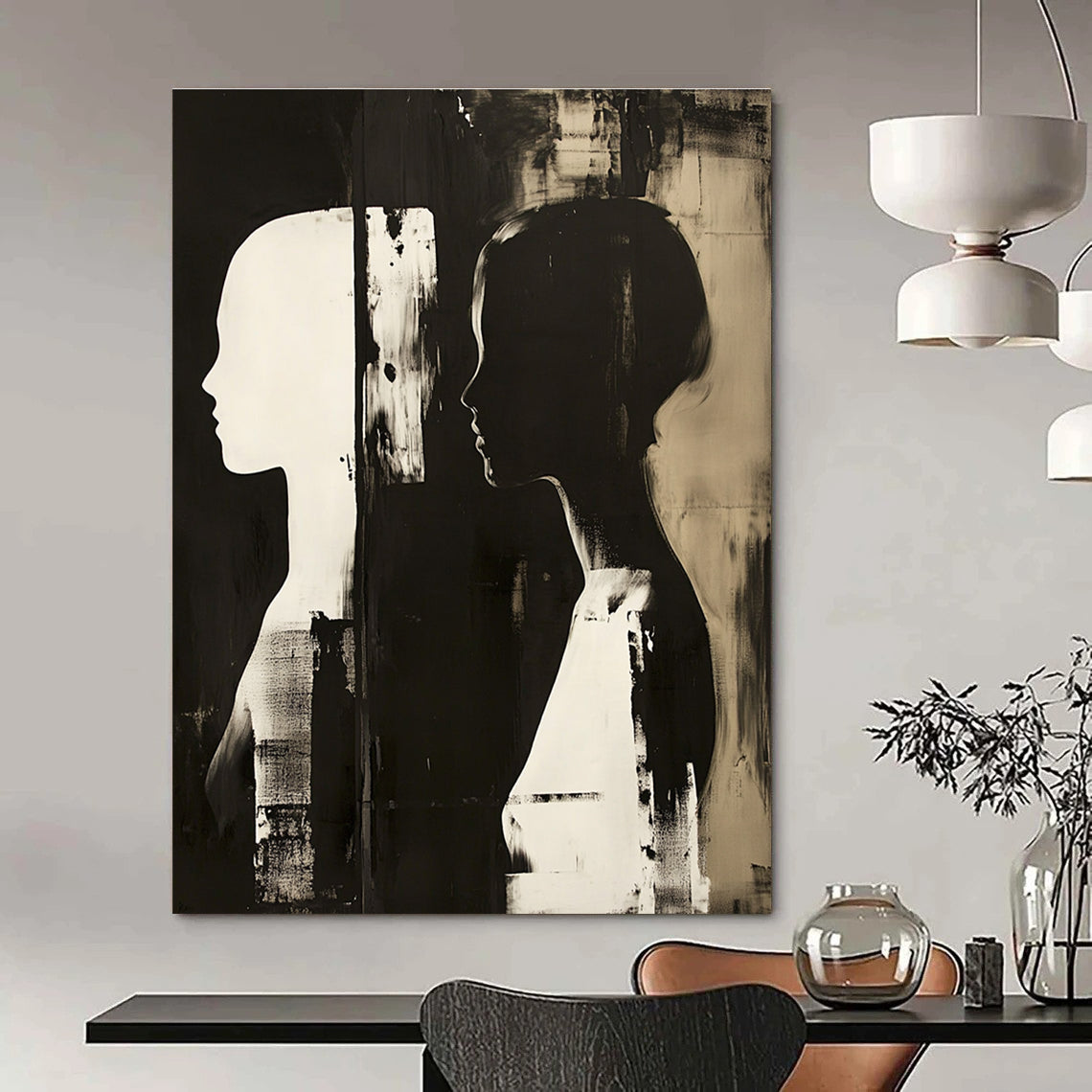 Large abstract painting featuring two profile figures in contrasting tones against a dark monochrome background.STSC1448