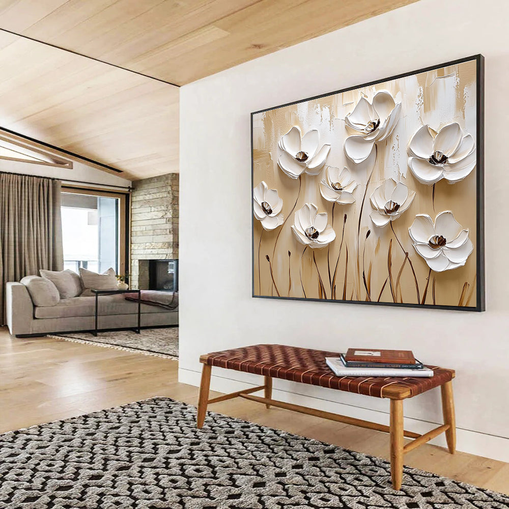 3D White Floral Abstract - Minimalist Botanical Abstract Painting DYP005