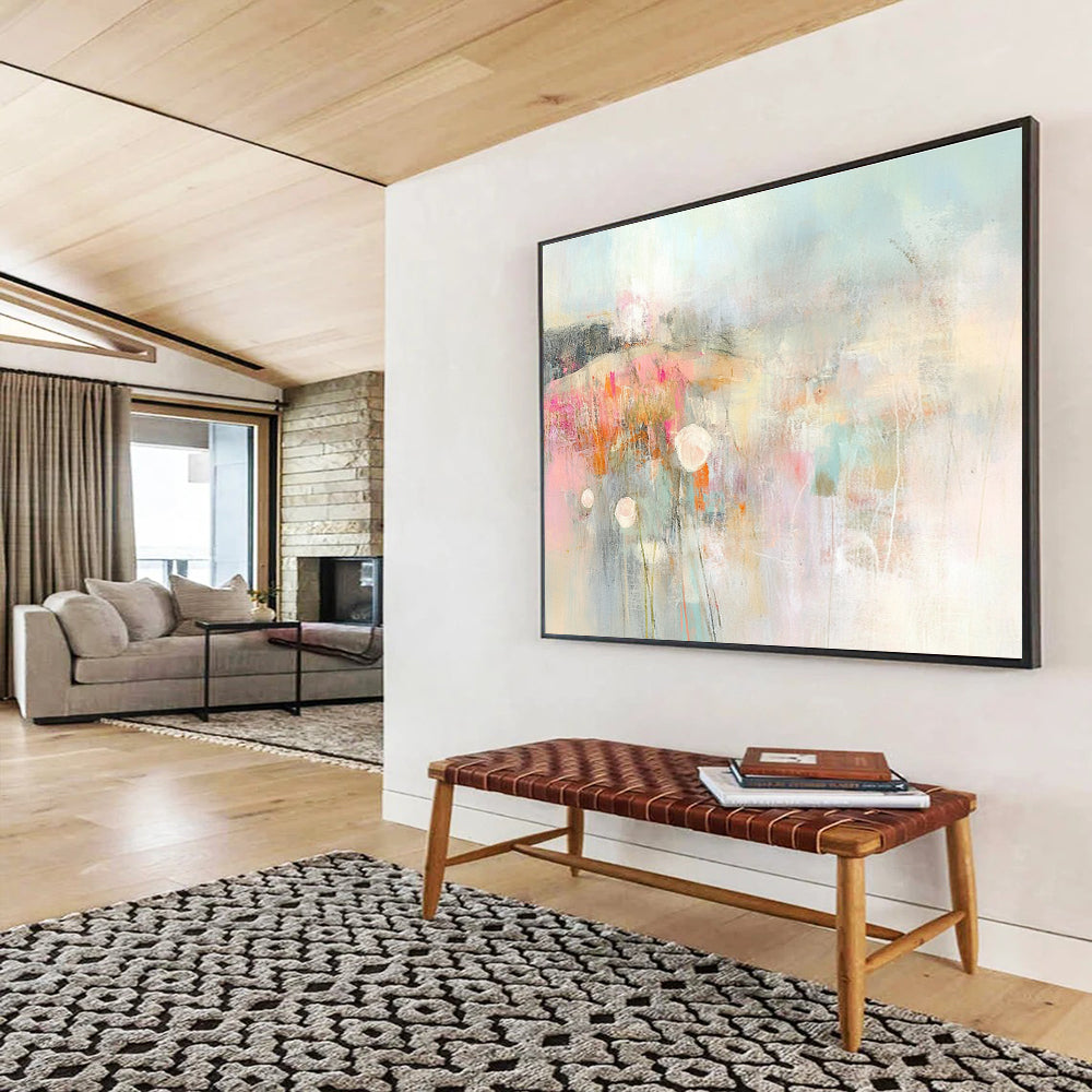 An abstract expressionist painting of the English countryside featuring muted pastel colors soft brush strokes and blurred edges.SC310