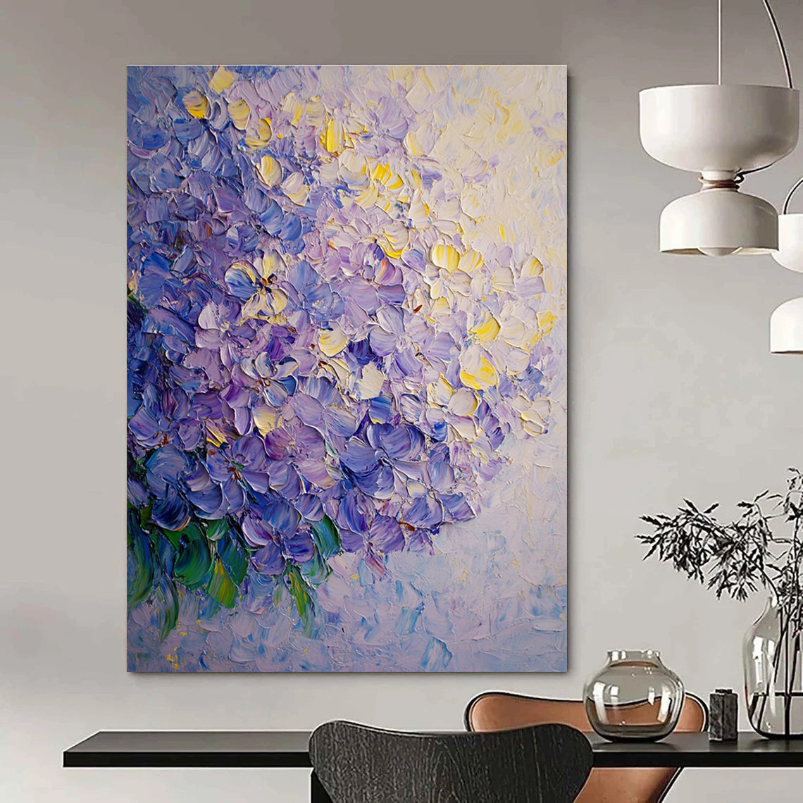 A large abstract oil painting of lilac flowers featuring soft shadows and smooth textures in light yellow and purple tones.STSC1027