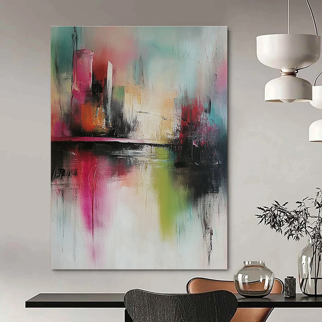 Large abstract painting with soft tones expressive brush strokes and a modern style featuring a city and river background in delicate details.STSC432