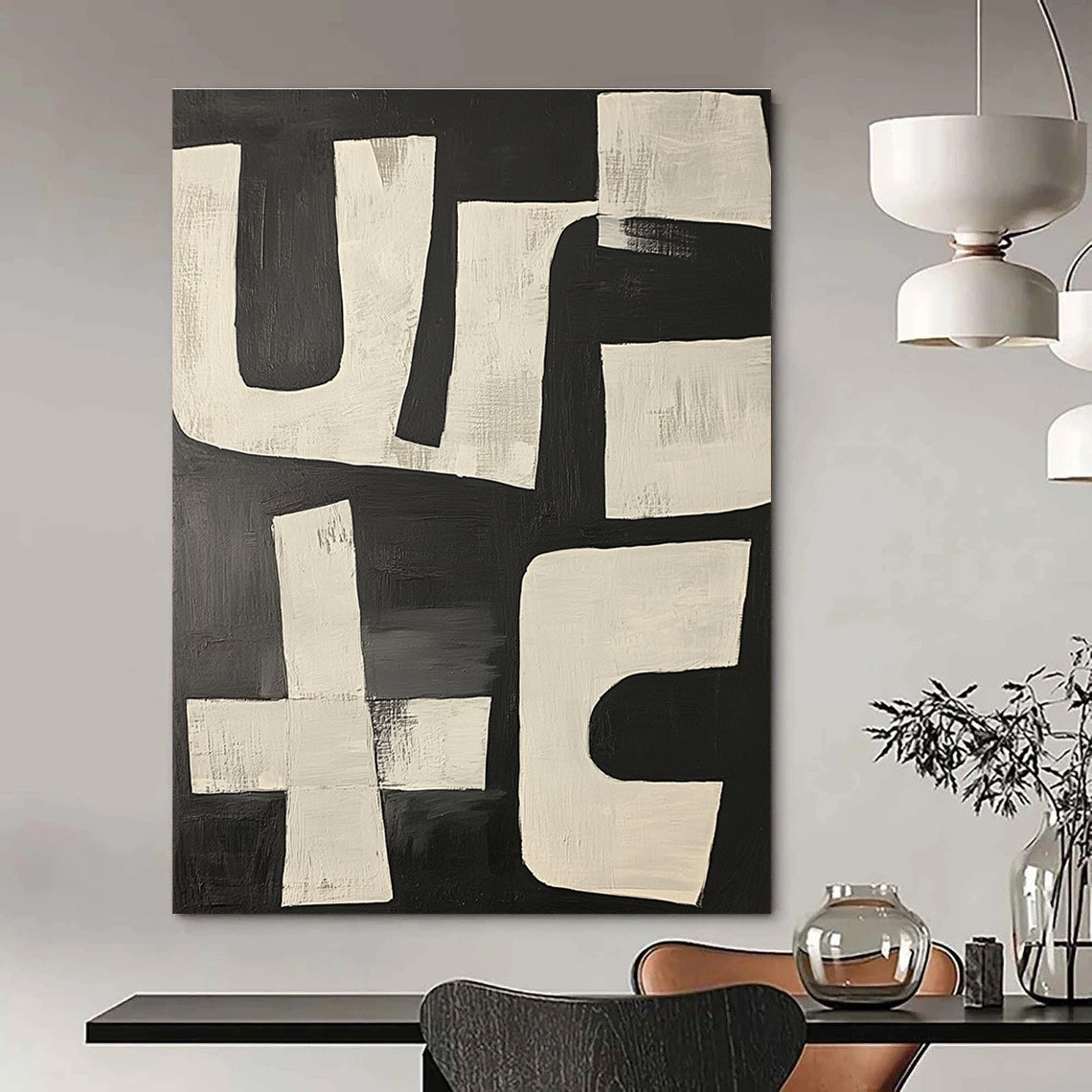 Large abstract painting featuring dynamic black and white shapes resembling the word use in a bold and energetic composition.STSC1133