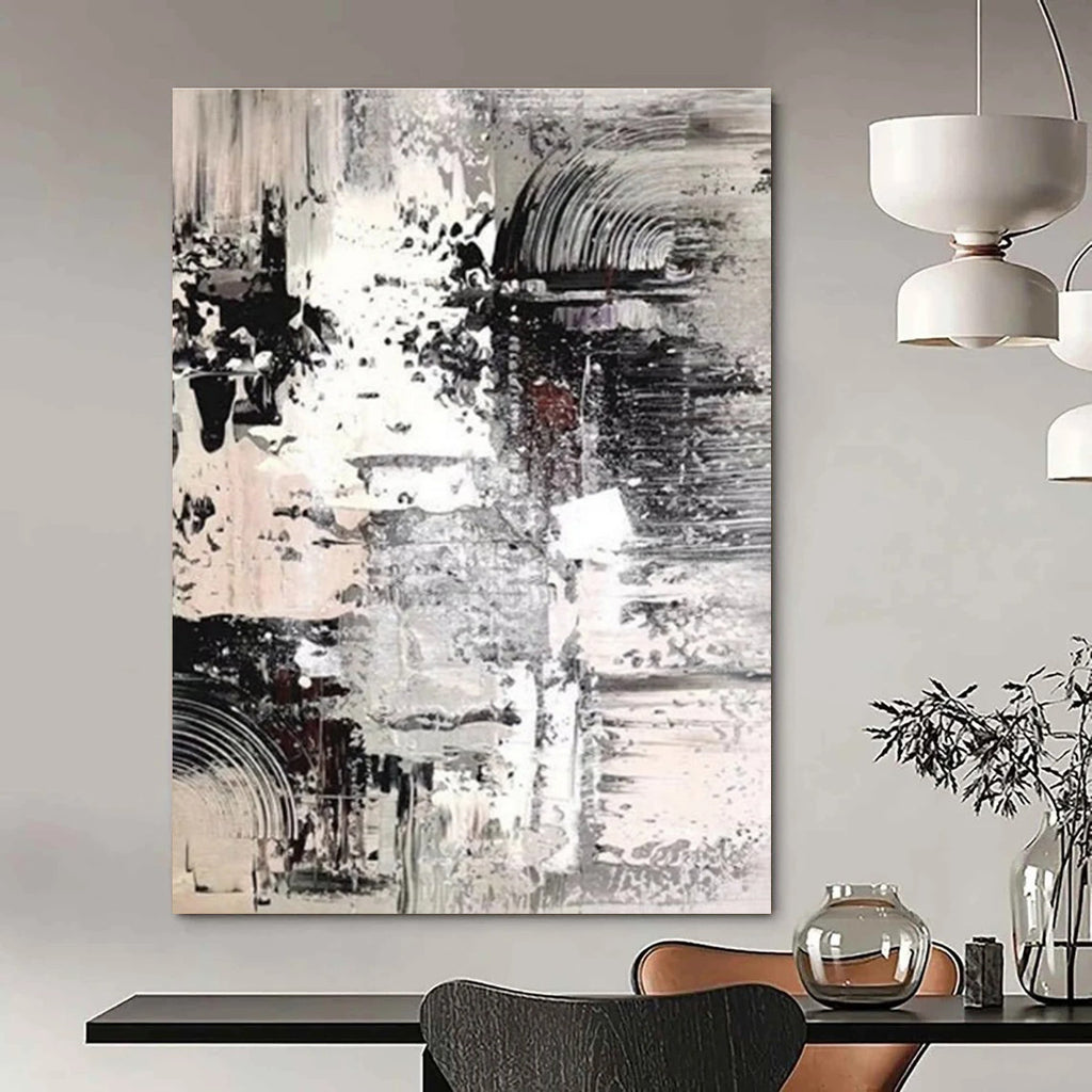 Monochrome Textured Abstract Painting with Layered Patterns ADGE392