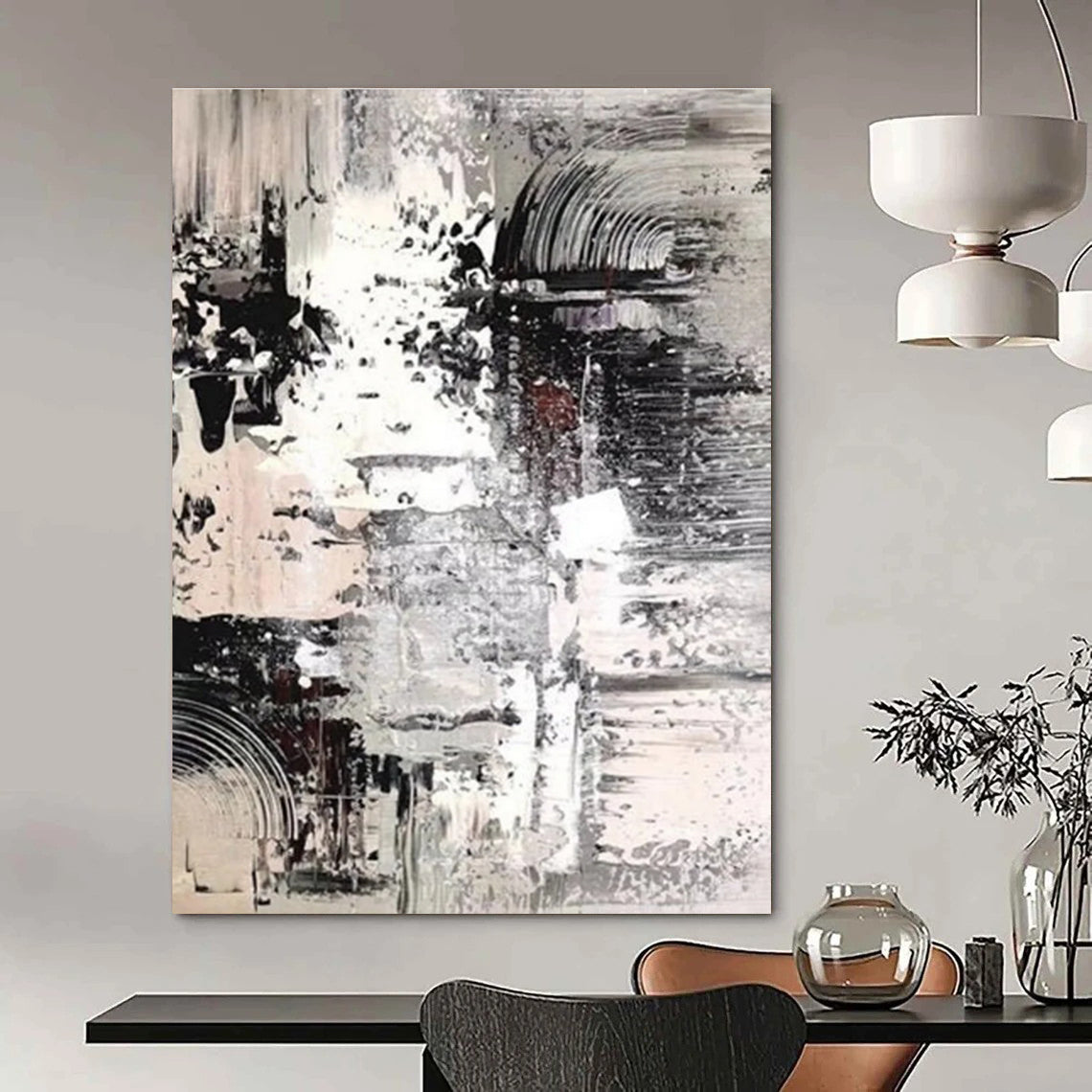 Monochrome Textured Abstract Painting with Layered Patterns ADGE392