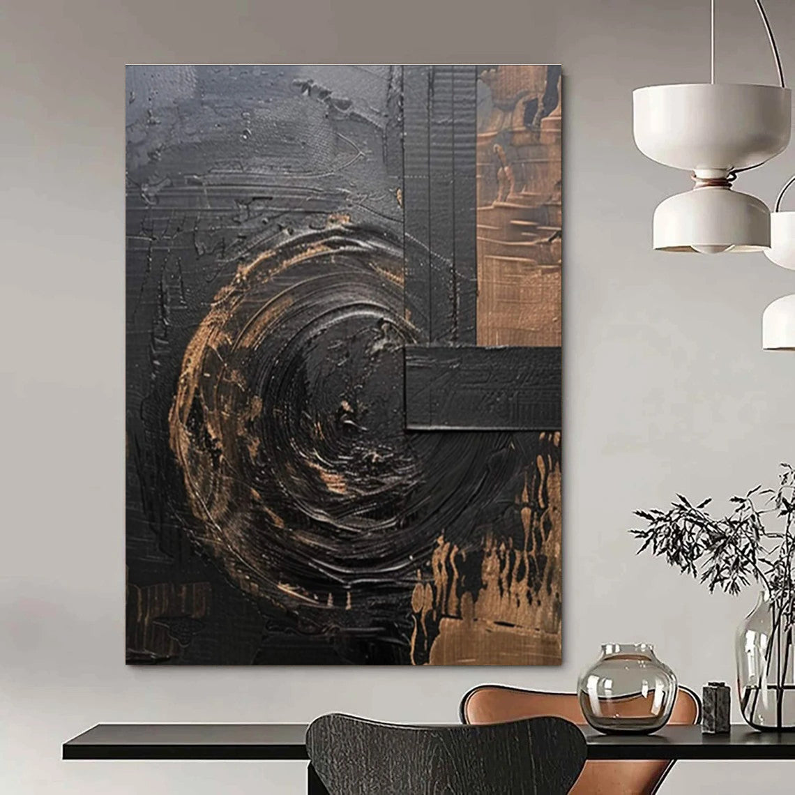 Black - Gold Abstract Painting with Swirling Textures ADGE476