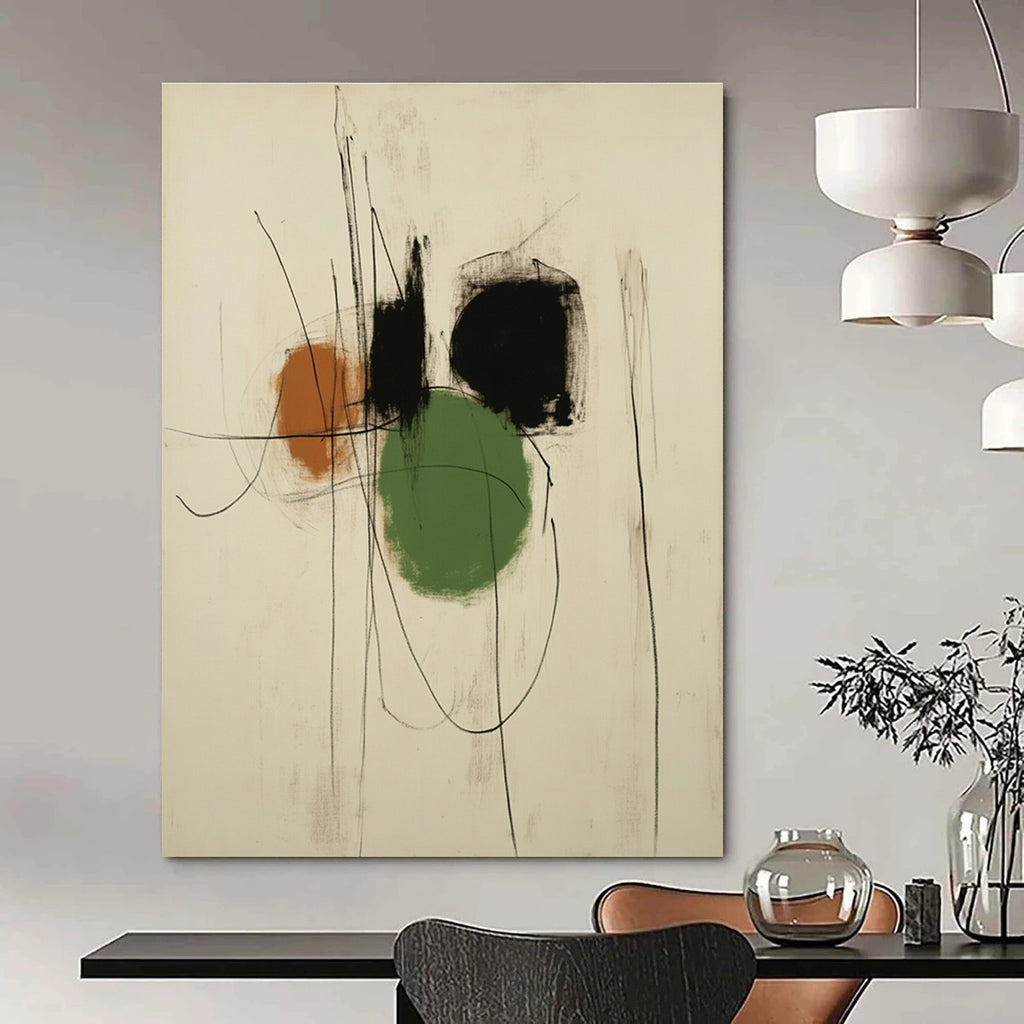 Large abstract drawing in the style of Antoni Gaudí featuring black and green shapes with pastel shades on a white background.STSC547