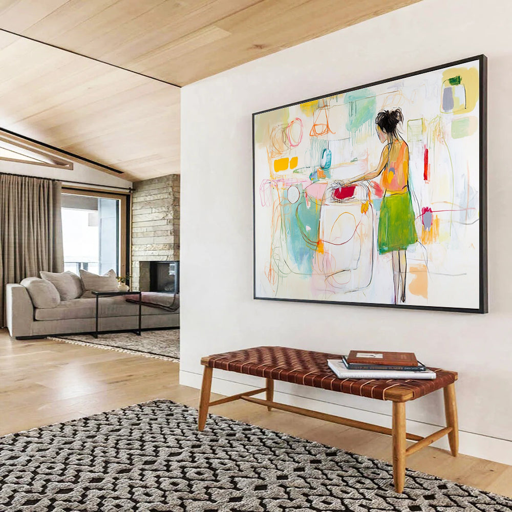 Large abstract painting of a woman doing laundry featuring loose gestural lines in white with vibrant yellow green red pink and blue accents.SC184