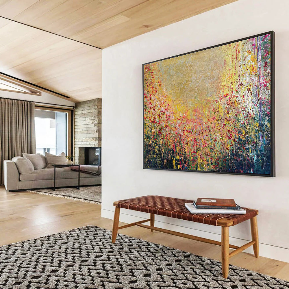 Golden Field Abstract Painting with Vibrant Floral Hues THY325