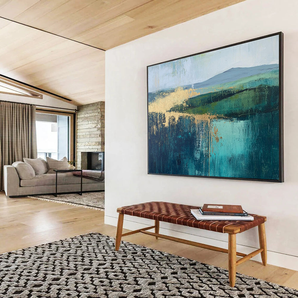 Large abstract painting featuring vibrant greens and blues with gold foil accents inspired by [Artist name].SC315