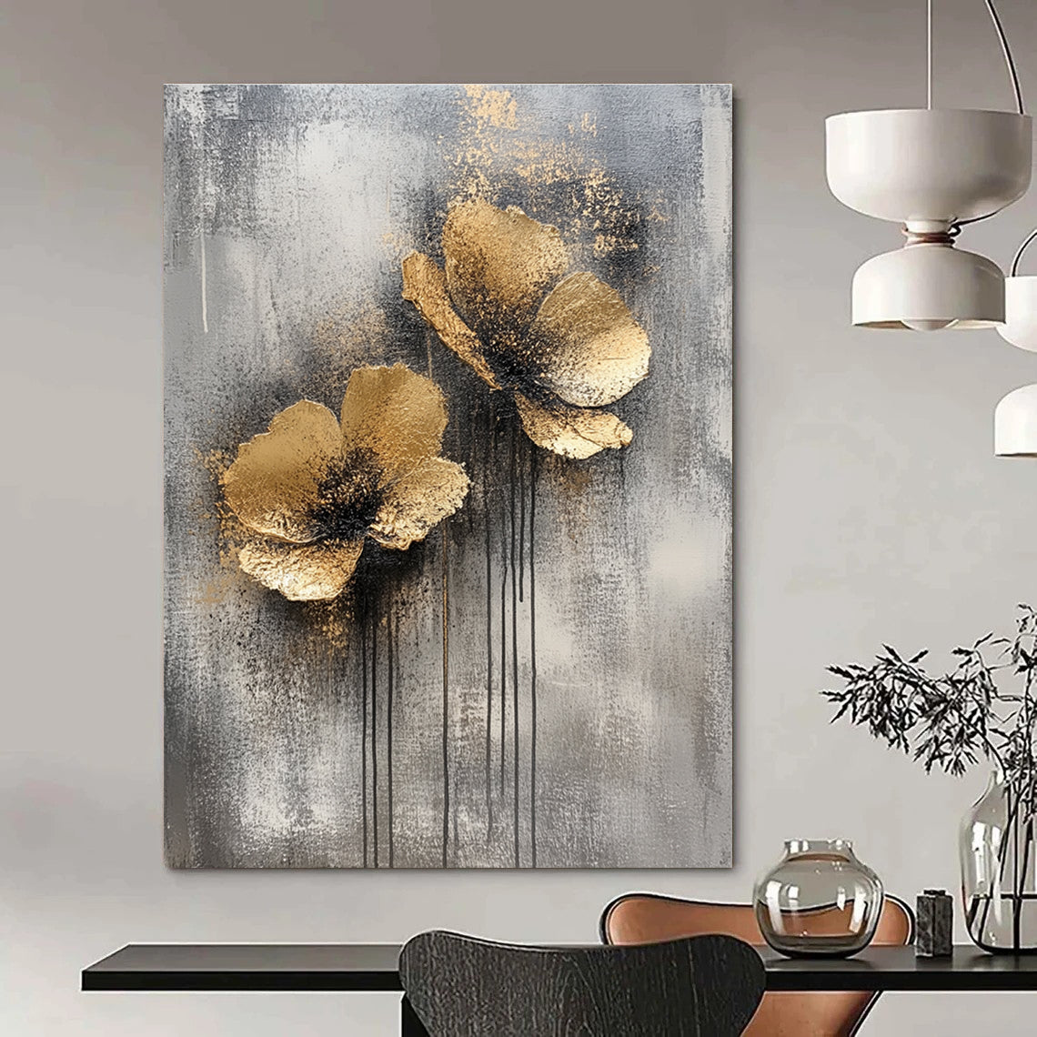 Large abstract painting featuring silver and gold on a grey background creating an atmospheric and captivating visual experience.STSC486