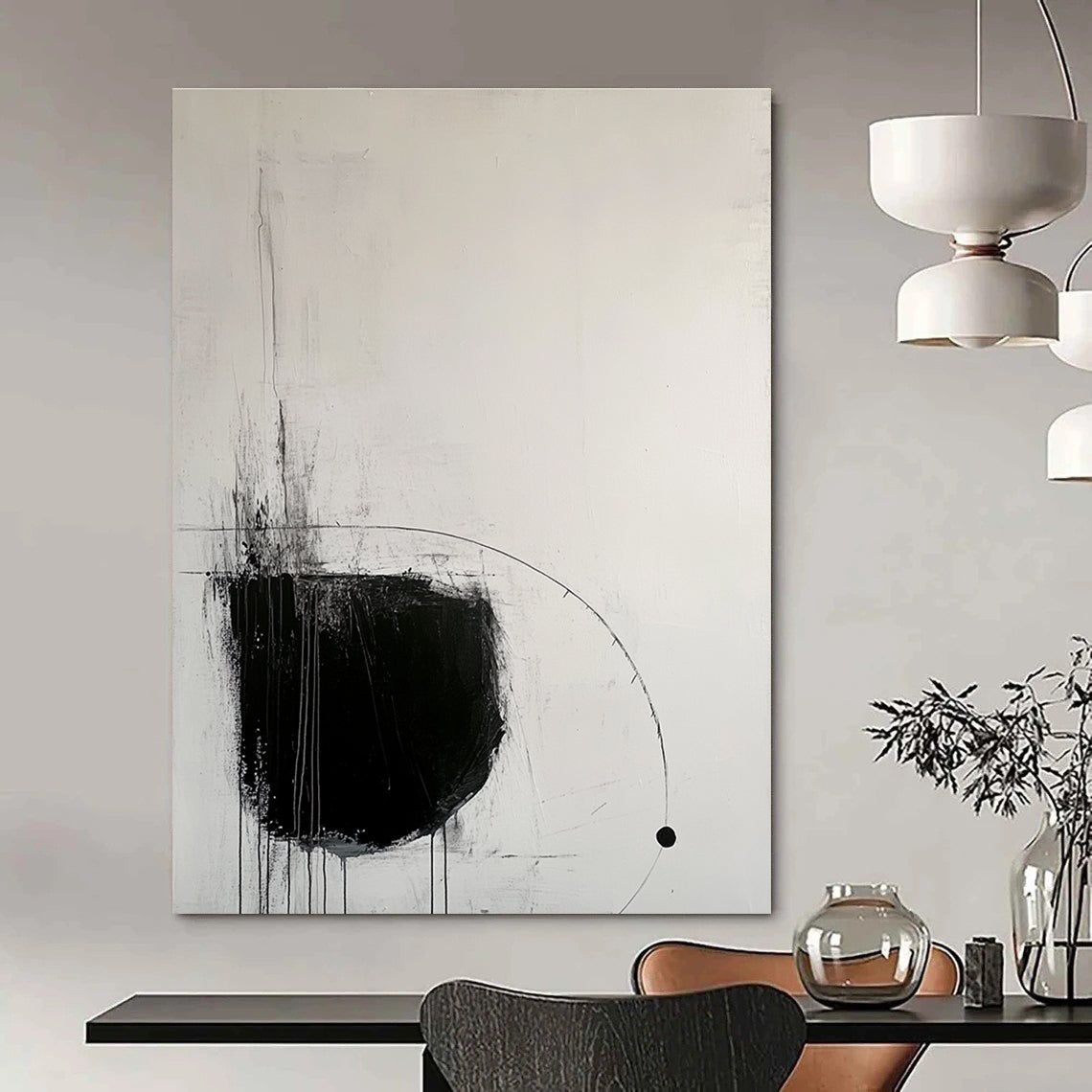 Large abstract painting with black lines and geometric figures creating calmness and simplicity in minimalist style featuring balanced composition and open space.STSC520