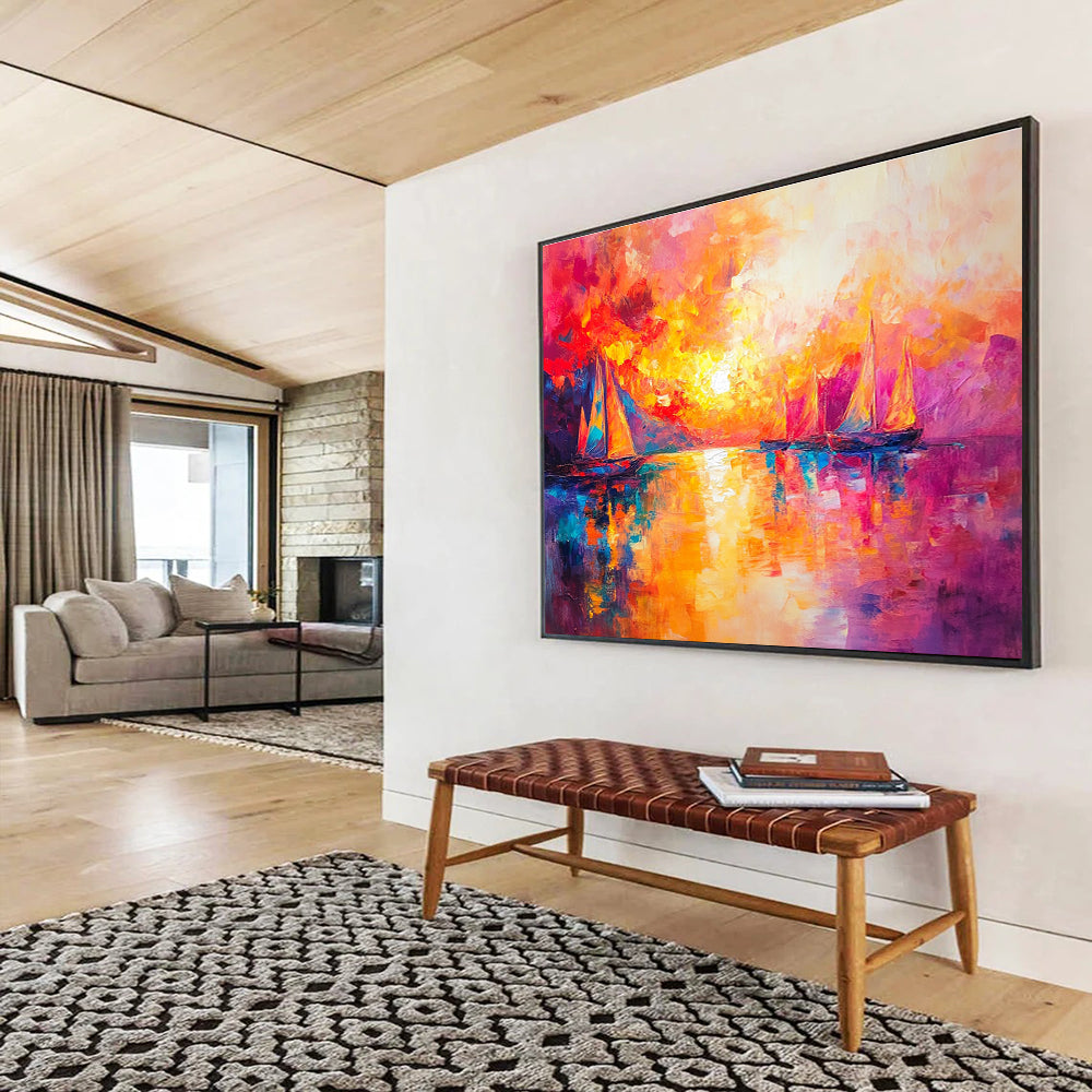 Vibrant Sunset Sailboats Abstract Painting with Bold Color Palette DYP321