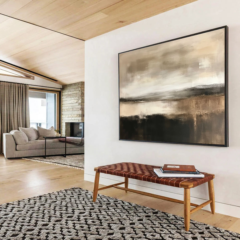 Large abstract landscape in neutral tones of beige and white with a neutral sky and hints of brown dark grey and black.SC067