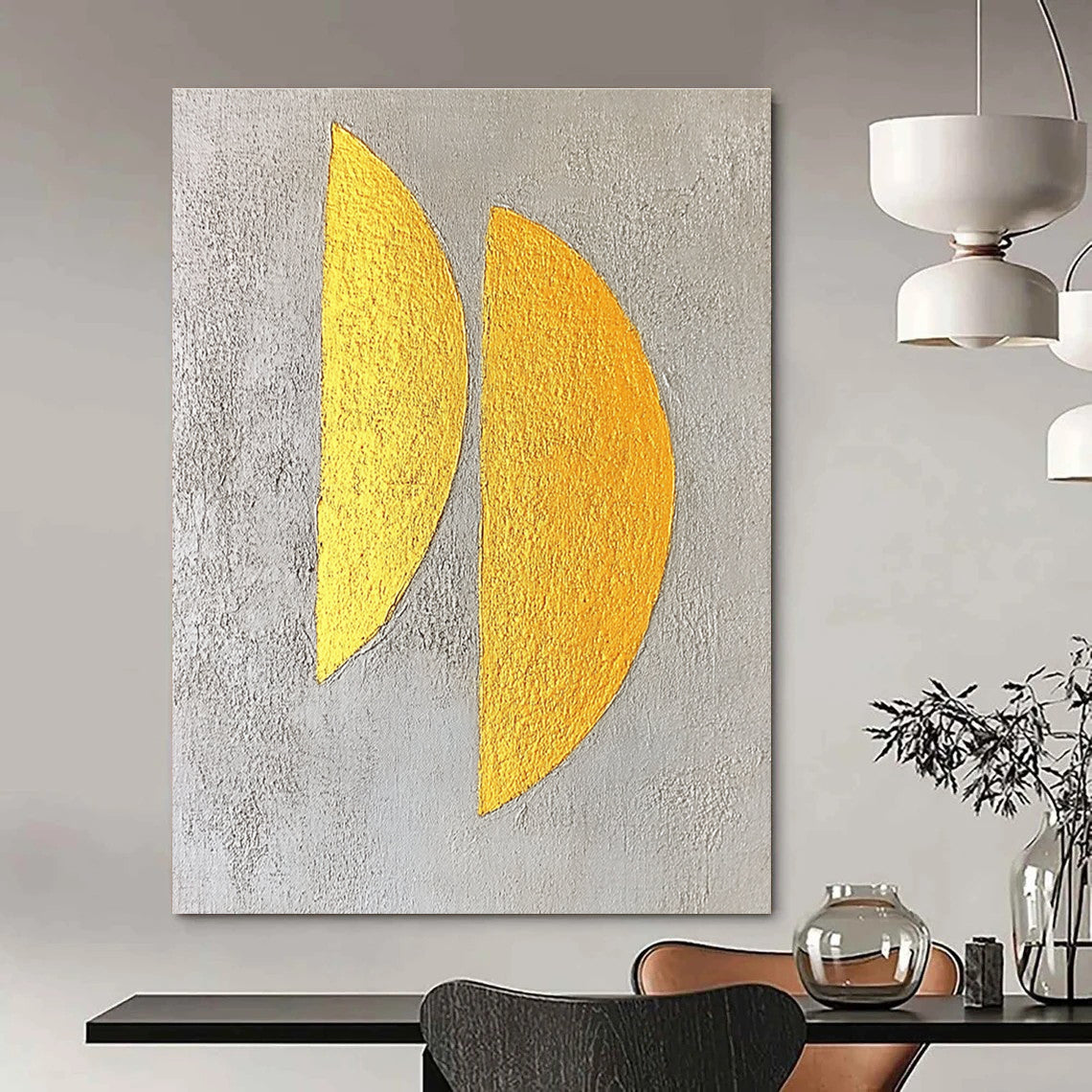 Large abstract painting featuring two yellow semicircles on a textured grey background with gold leaf highlights in a minimalist style.STSC356