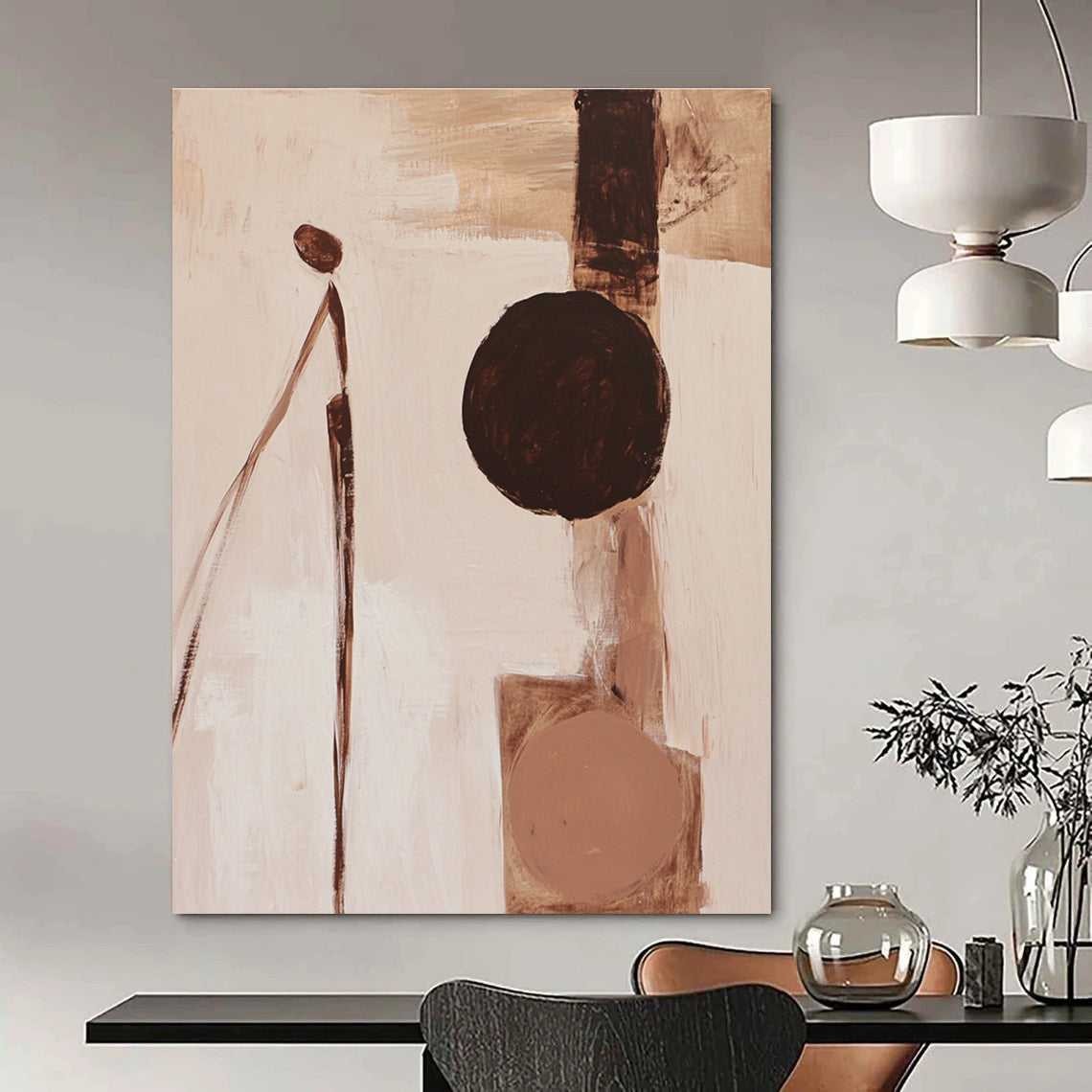 Abstract painting featuring fluid organic forms in brown and white with a minimalistic human figure and beige palette on a neutral background.STSC695