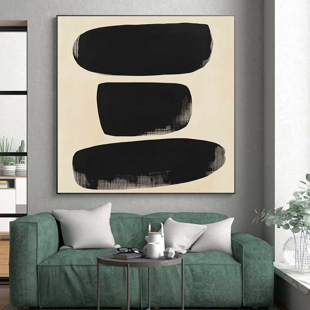 Black and Beige Abstract Painting with Large Black Organic Shapes GER189