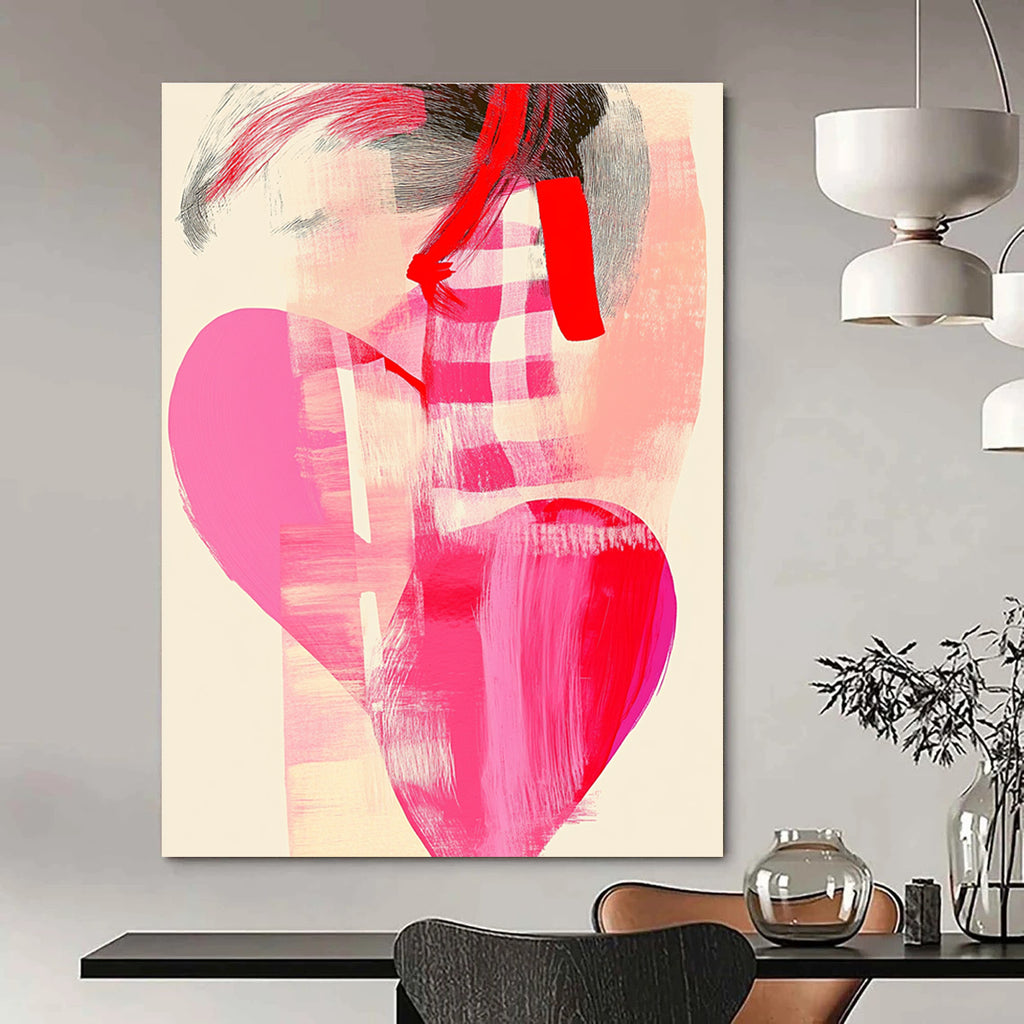 A large abstract painting featuring a pink heart and checkered pattern with organic chest shapes in soft pastels and red line art.STSC858