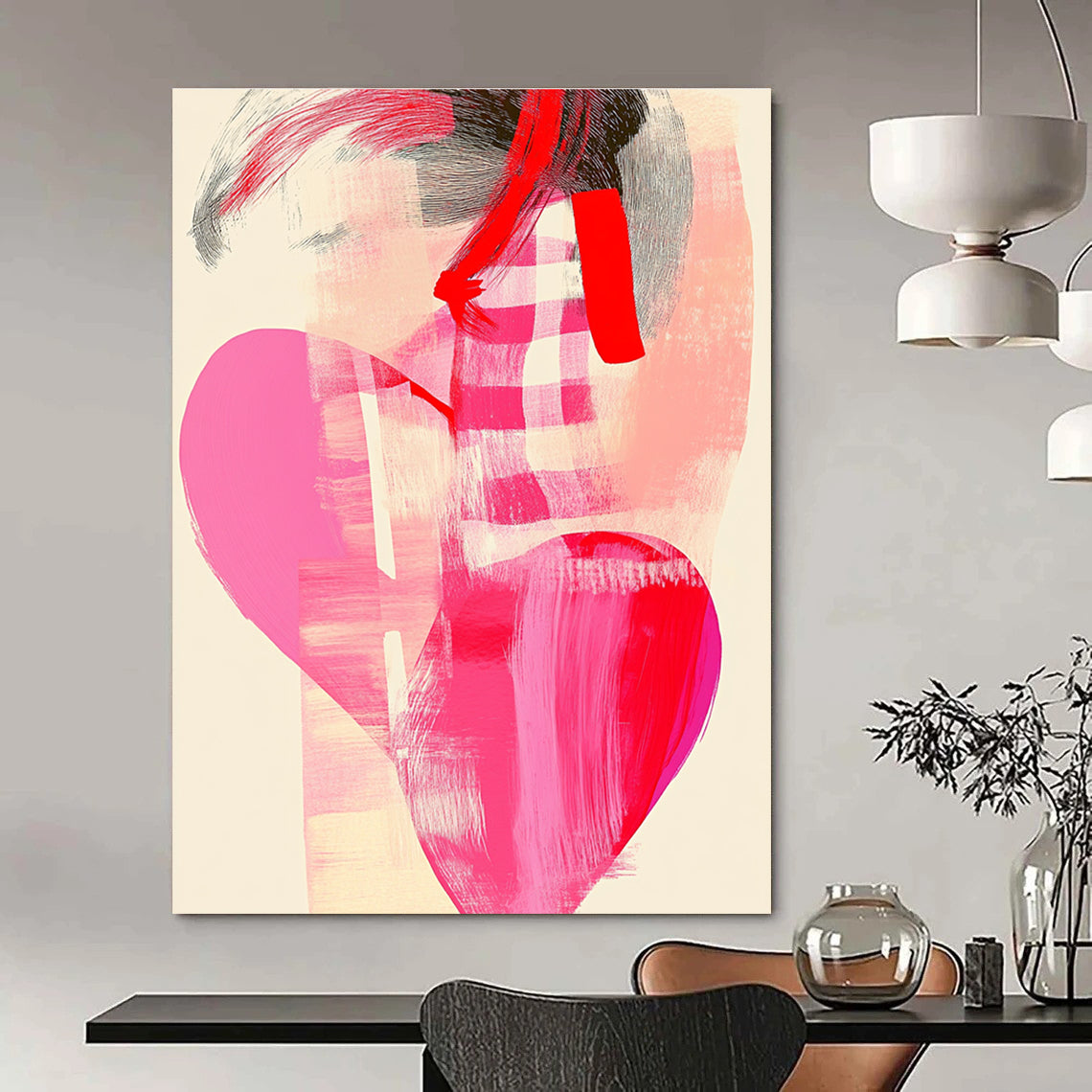 A large abstract painting featuring a pink heart and checkered pattern with organic chest shapes in soft pastels and red line art.STSC858