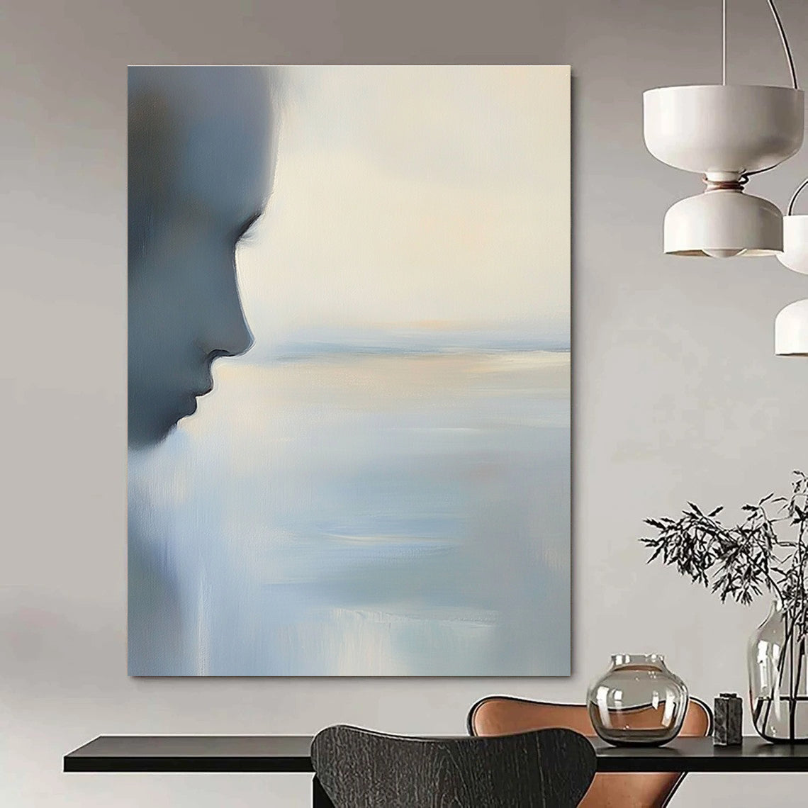 Abstract painting of the ocean and sky in soft blues and greys with calming minimalist aesthetics and delicate color accents.STSC883
