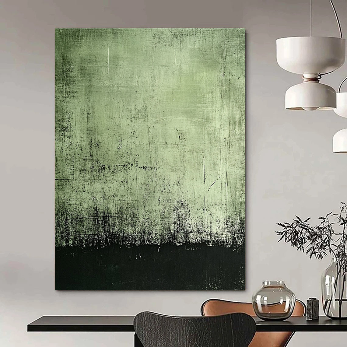 Large abstract painting featuring a dark green background with black edges and subtle gray textures for a mysterious aged effect.STSC398