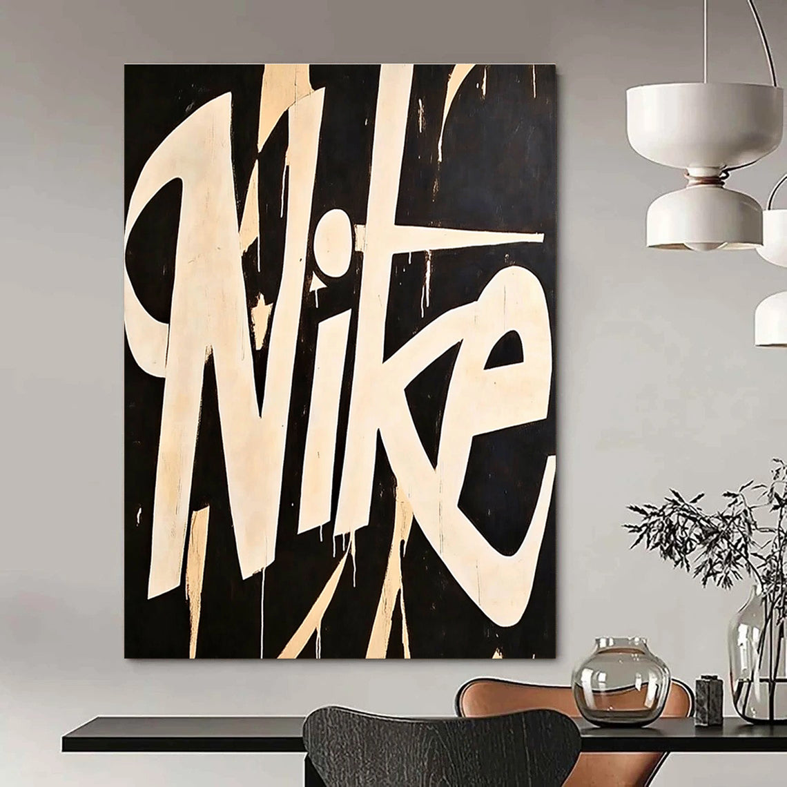 A large abstract painting featuring the word Nike in white on a black background inspired by Matisse and Sciotti with minimalist design.STSC1139