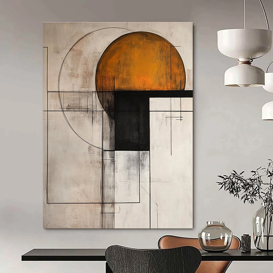 Large abstract painting with light gray background featuring dark amber and white geometric shapes and a harmonious color scheme in modern art style.STSC239
