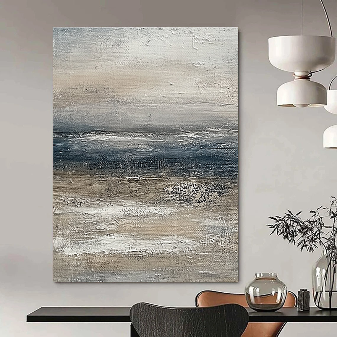 Large abstract painting of the ocean featuring muted beige and grey tones with a soft textured effect on canvas.STSC833