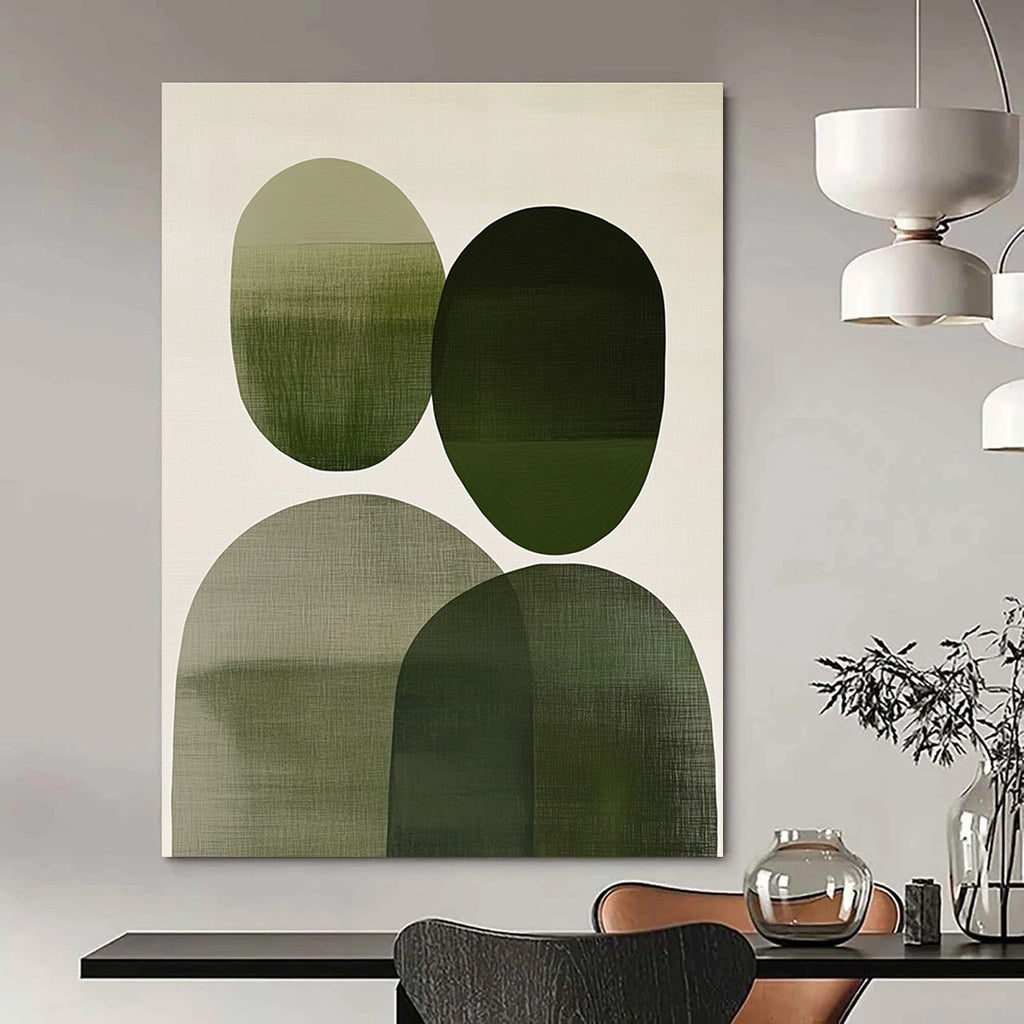 Large abstract painting with overlapping green and gray circles on off-white evoking connection and tranquility, ideal for home decor.STSC1083