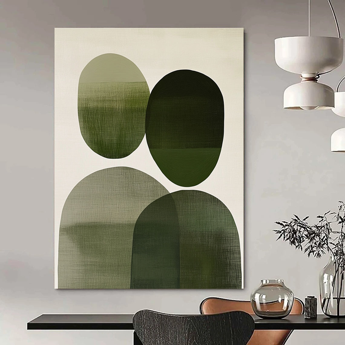 Large abstract painting with overlapping green and gray circles on off-white evoking connection and tranquility, ideal for home decor.STSC1083
