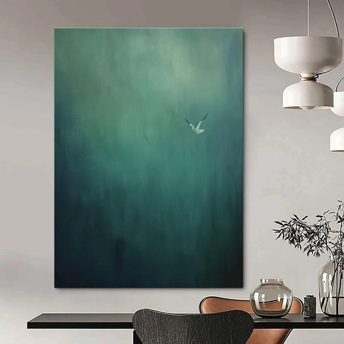 Solitary Bird Abstract Painting with Muted Greens ADGE477