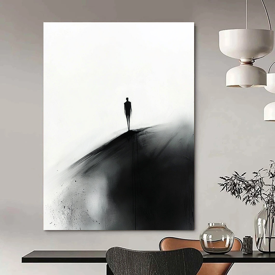 Abstract painting featuring a small silhouette of a man in black walking towards the viewer on a hill against a white ink wash background.STSC1349
