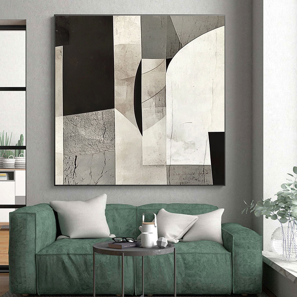 Gray and Black Geometric Collage Abstract Painting with Layered Textures GER014