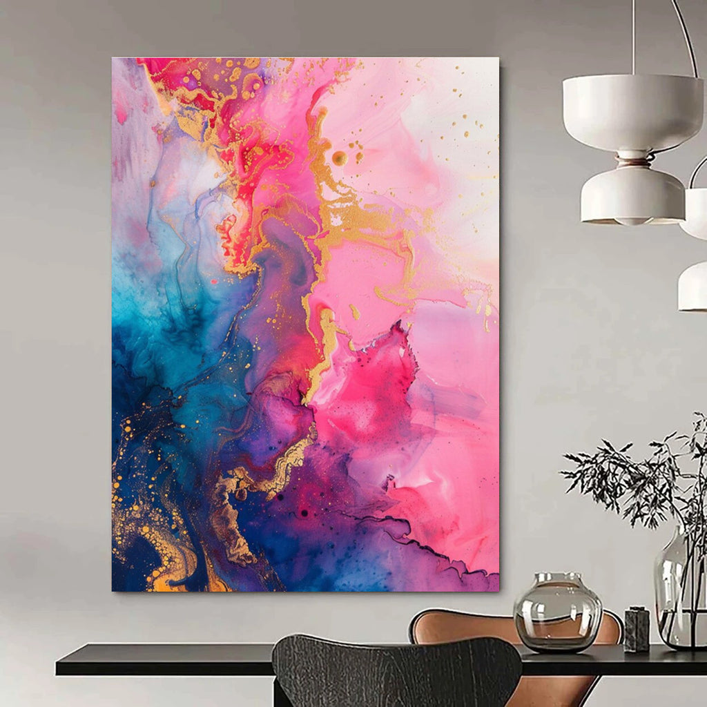 Pink Blue and Gold Fluid Abstract Painting ADGE286