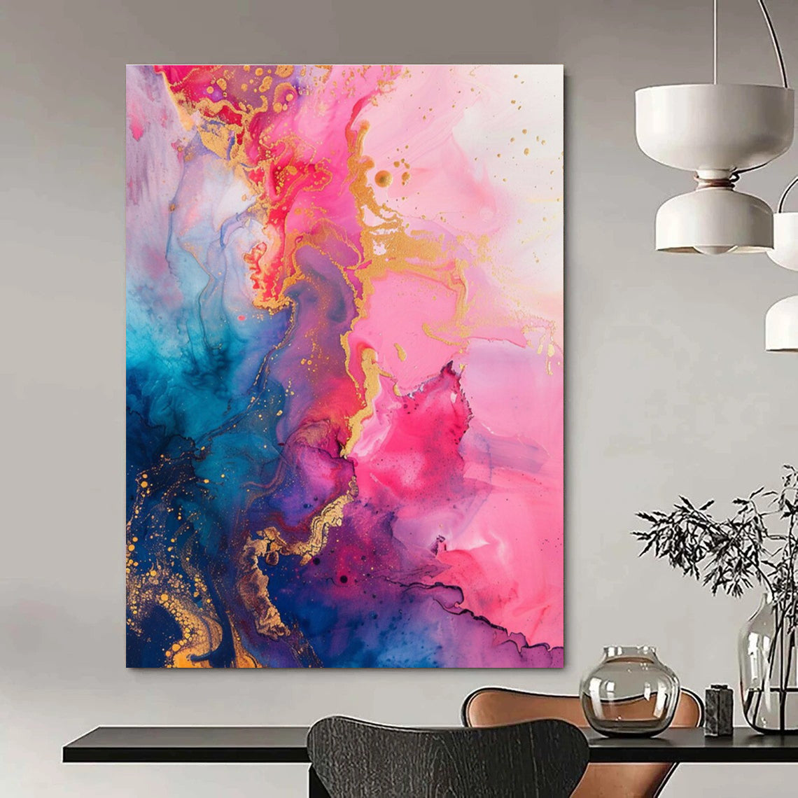 Pink Blue and Gold Fluid Abstract Painting ADGE286
