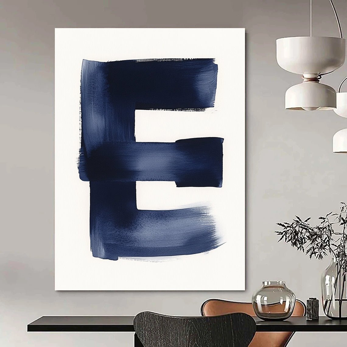 A large abstract painting featuring a minimalist watercolor letter E in navy blue against a white background emphasizing negative space and soft tones.STSC1096
