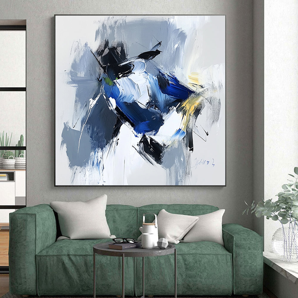 Blue Gray Abstract Painting with Dynamic Color Blocks GER781