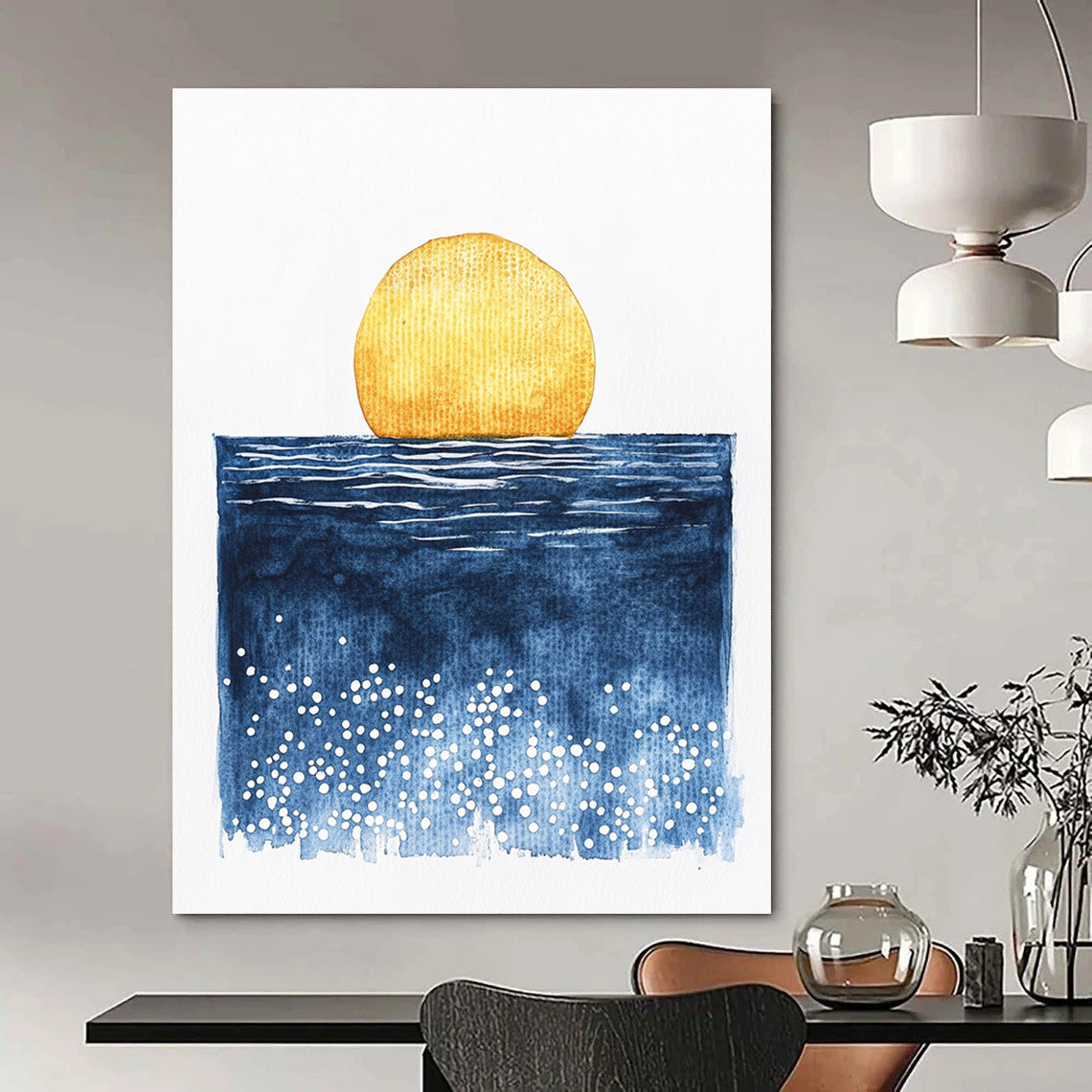 Large abstract watercolor painting of a sun rising over the ocean in minimalist style featuring blue yellow and white dots.STSC506