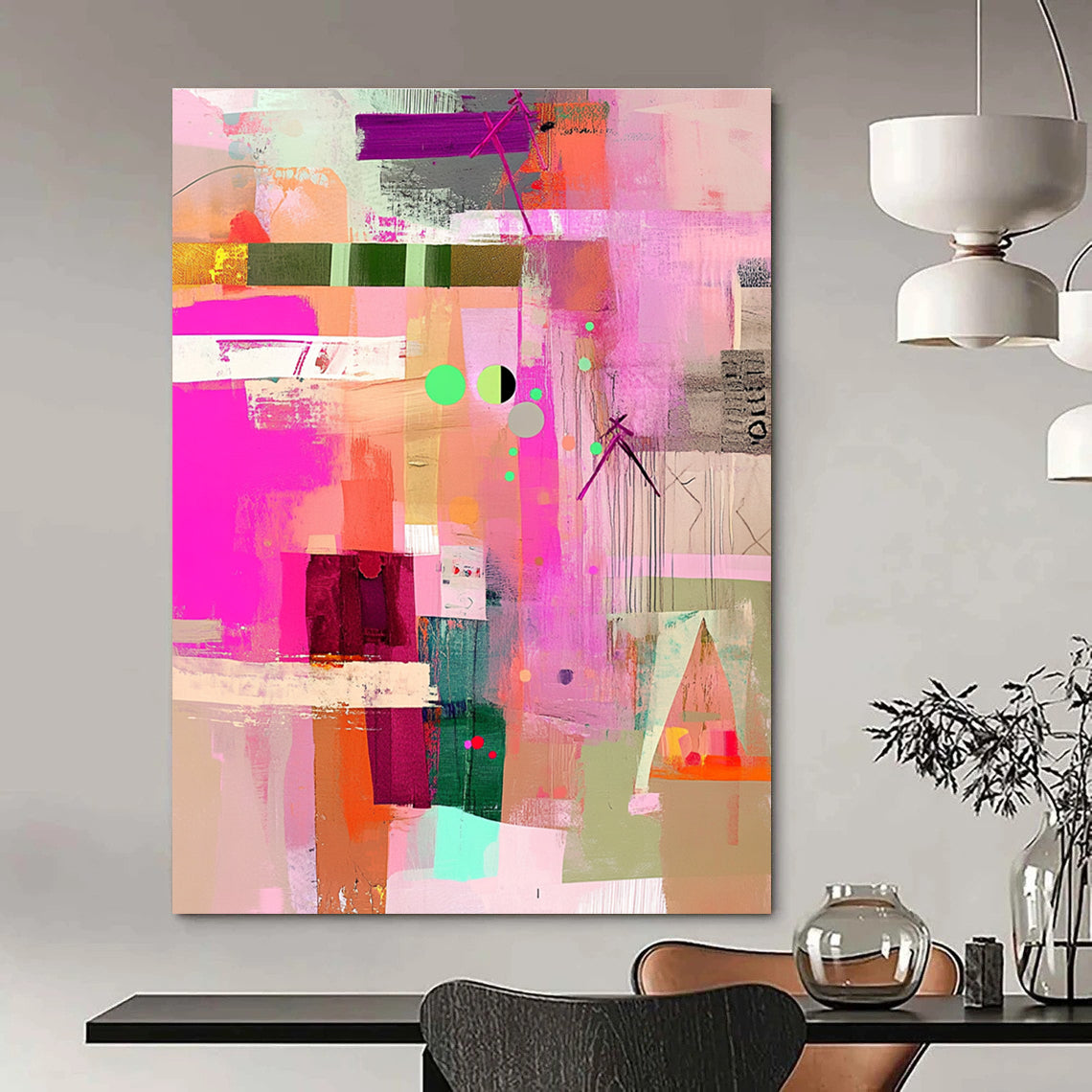 Large abstract painting featuring pink green and beige with playful textures patterns and a whimsical vintage style.STSC786