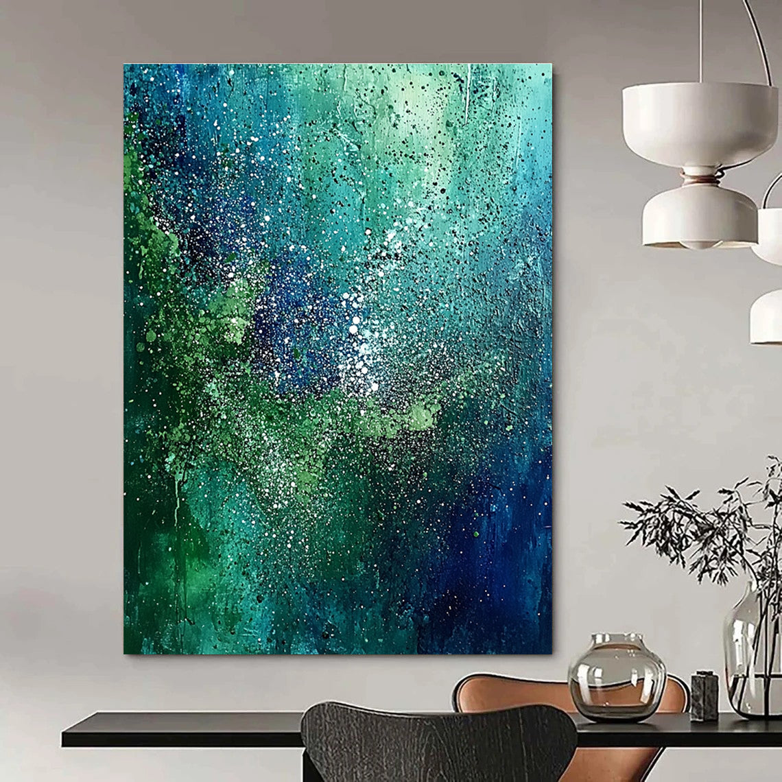 Abstract painting with green and blue hues featuring pointillist dots forest patterns and sparkling accents on a dark sky-blue backdrop.STSC066