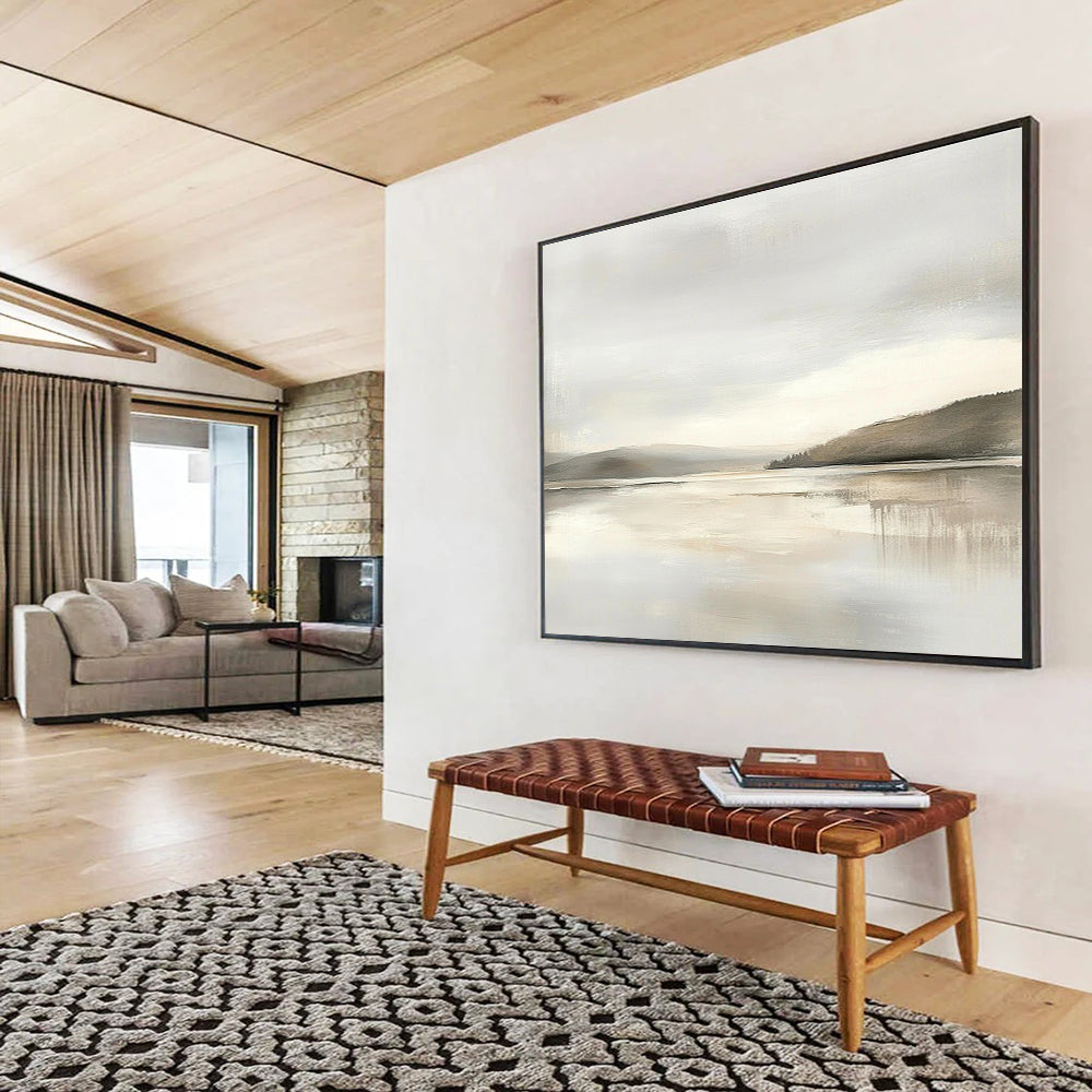 Large abstract painting featuring muted beige and gray tones with a soft sky and calm water for a tranquil and elegant atmosphere.SC065