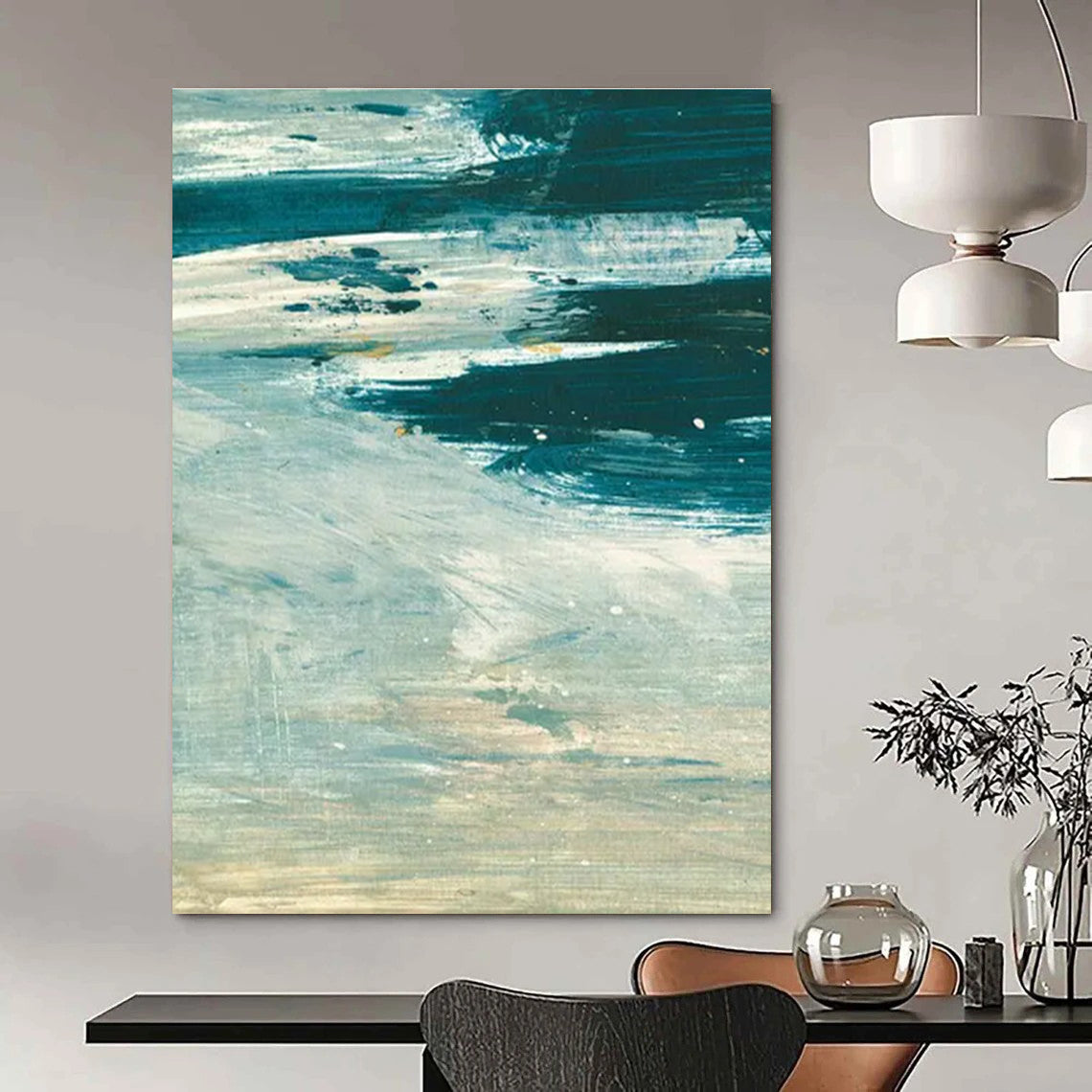 Teal and White Abstract with Textured Layers Painting ADGE176