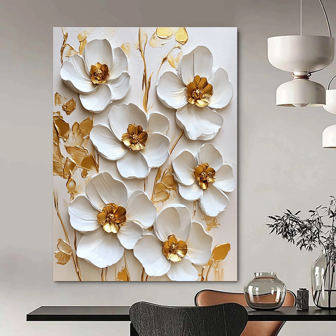 Large abstract painting featuring white flowers with golden accents on a white background in a square format.STSC1481