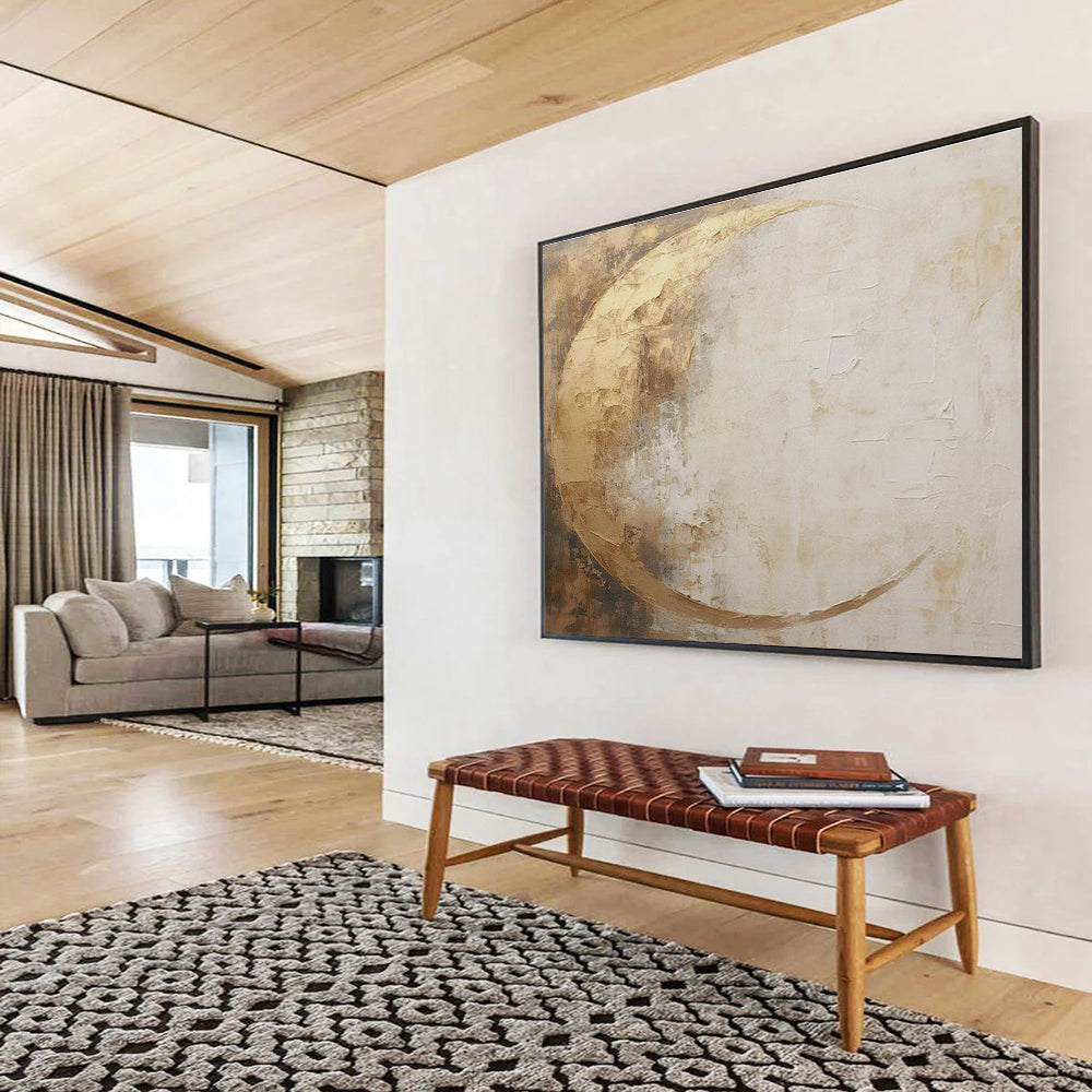 Golden and White Tones Abstract Moon - shaped Painting THY080