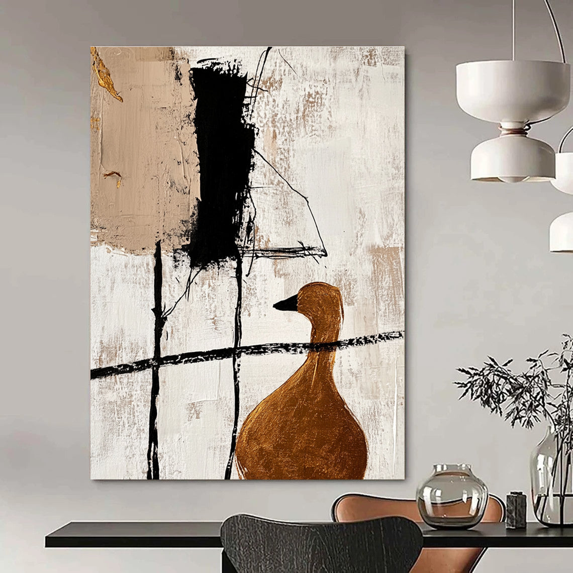 Large abstract painting featuring minimalist black lines and gold foil accents with a close-up of a golden goose in a beige color scheme.STSC466