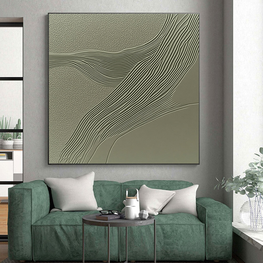 Green Textured Abstract Painting with Wavy Lines GER059