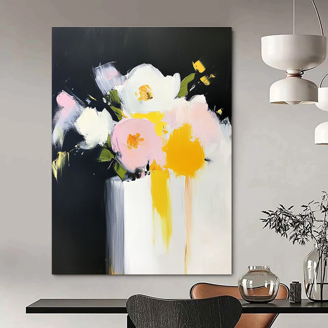 Large abstract oil painting of flowers in a vase with bold strokes in yellow and pink against a white background.STSC183