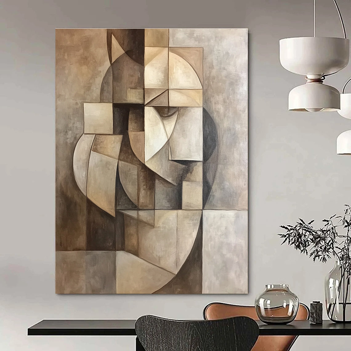 A large abstract painting features a geometric composition in muted colors, inspired by Picasso's cubist style for a sophisticated aesthetic.STSC859