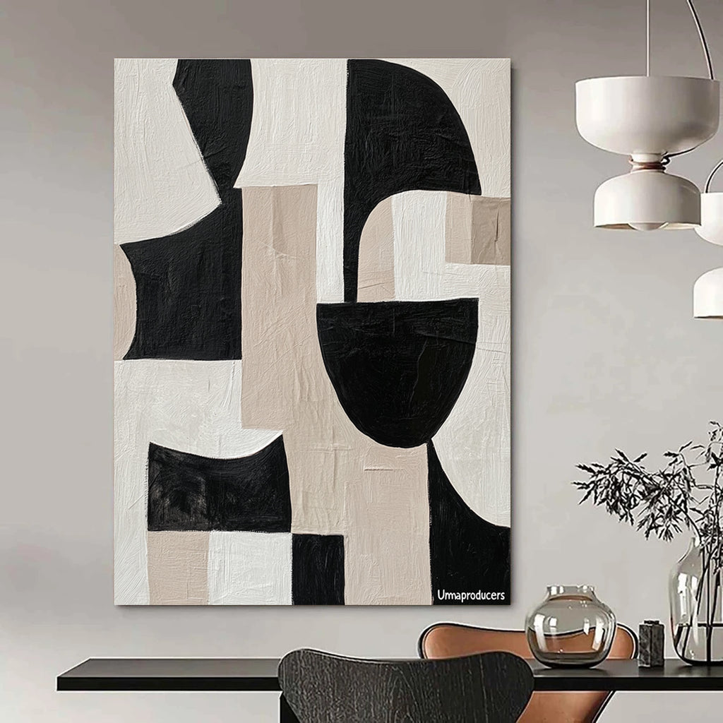 Large abstract painting with overlapping fluid shapes in black and white featuring the word Umaproducers crafted in tape showcasing depth and movement.STSC483